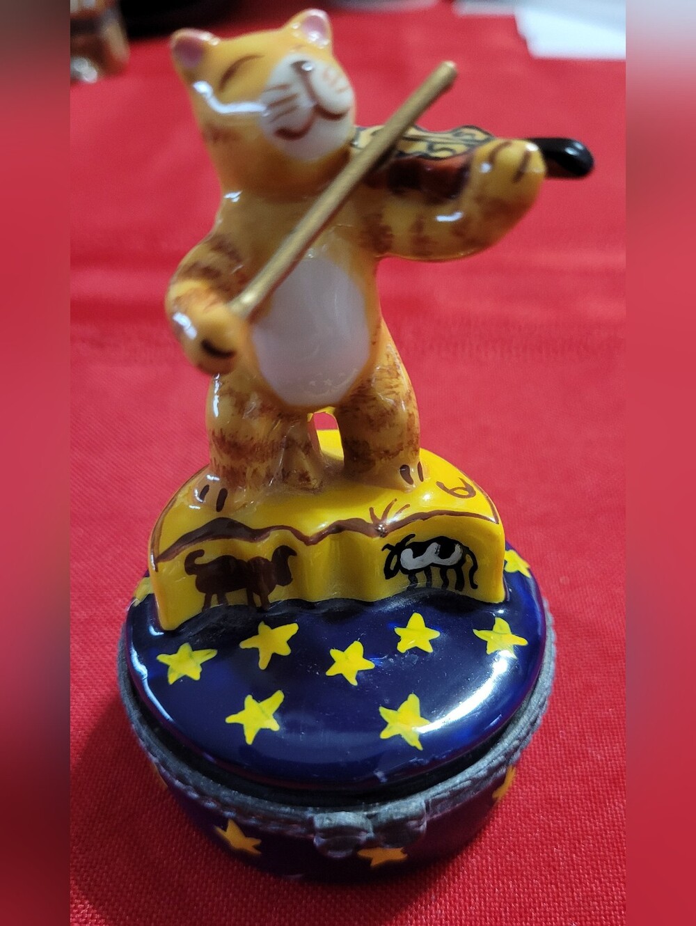 Ceramic Cat Playing Fiddle Figurine Hinged Trinket Box- Yellow & Navy, Stars